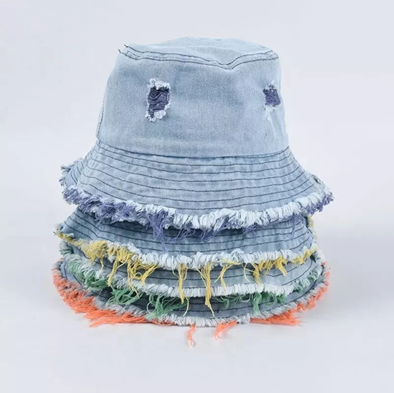 Wholesale Ladies Bucket cap and hat Fashion For Womans Two Colour Frayed Brim Worn Out Design Cool Denim Jeans Bucket Hat