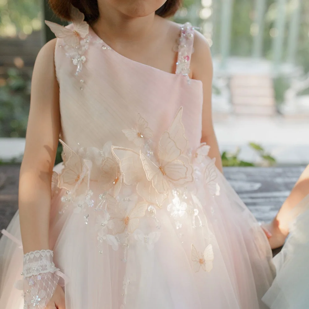 Butterfly 3D Hand Beading Sequin Accessories Glove Multi-layer Baby Girl Tulle Princess Style Pink Sleeveless - Julia Dress