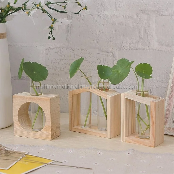 Indoor Glass Plant Terrarium with Wooden Stand test tube plant flower vase desktop propagation stations Hydroponic Vase Tube