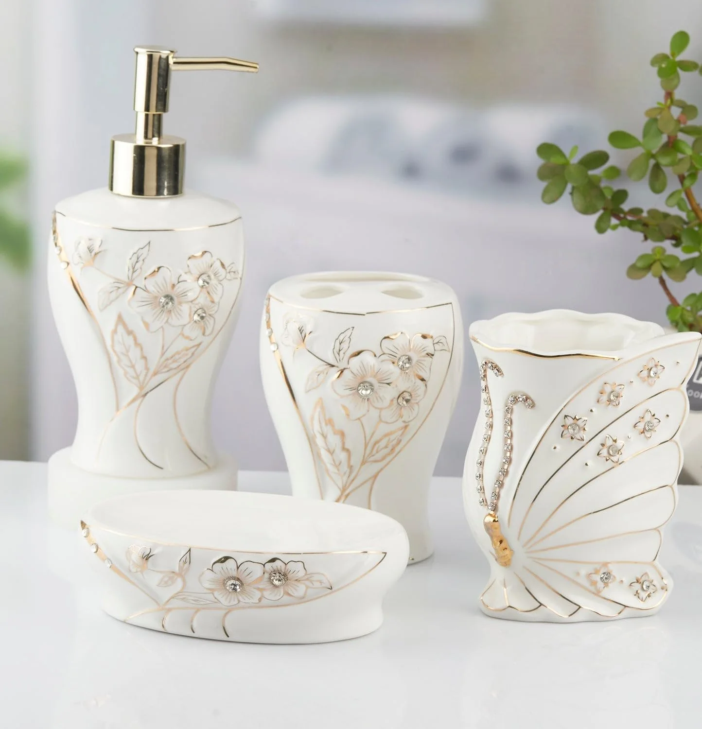 Ceramic Bathroom Accessories Set of 4, Modern Bath Set with Liquid handwash Soap Dispenser and Toothbrush Holder, Luxury Gift