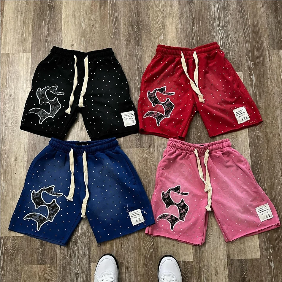 OEM Custom Logo rhinestone screen Print Drawstring Acid Wash Shorts 100% Cotton Sunfade Shorts For Men