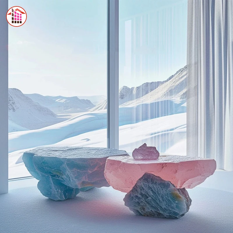 Luxury translucent stone coffee table backlit blue pink crystal dining table translucent pink onyx marble custom  table