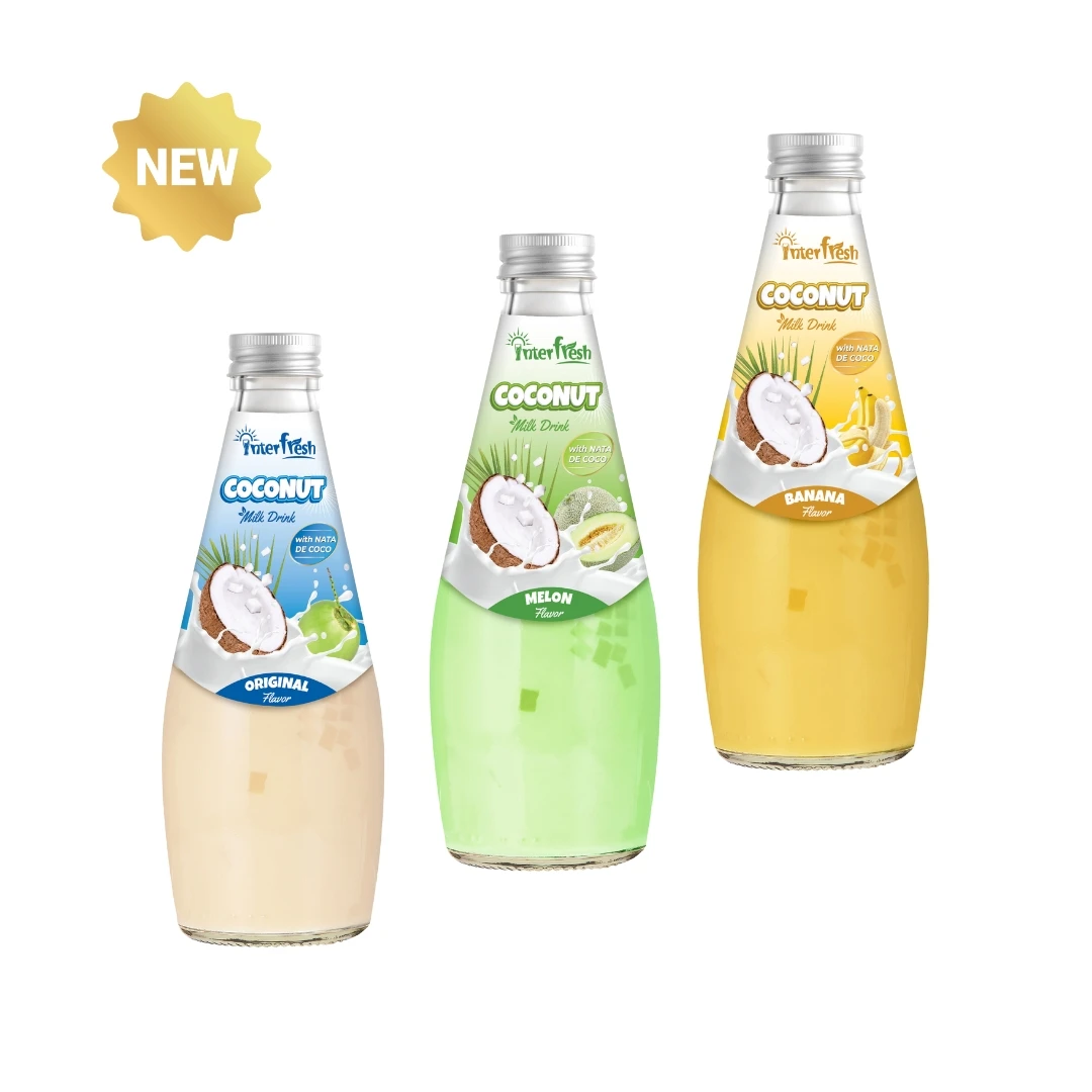INTERFRESH Exporter From Vietnam High Quality Coconut Milk Nata De Coco Fruit Drink With Banana 290 ml Glass Bottle Customized