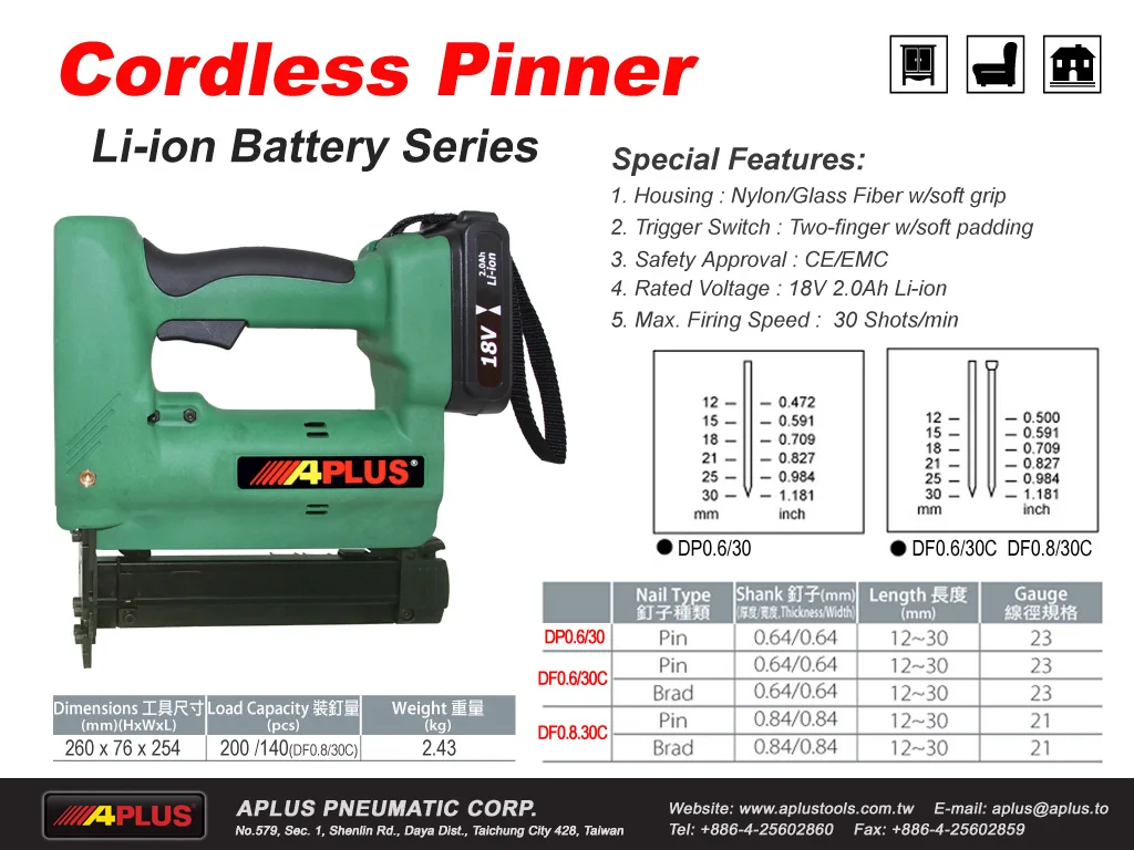 APLUS DP0.6/30, 23Ga 30mm PINNER TOOL, HEADLESS BATTERY CORDLESS PINNER GUN