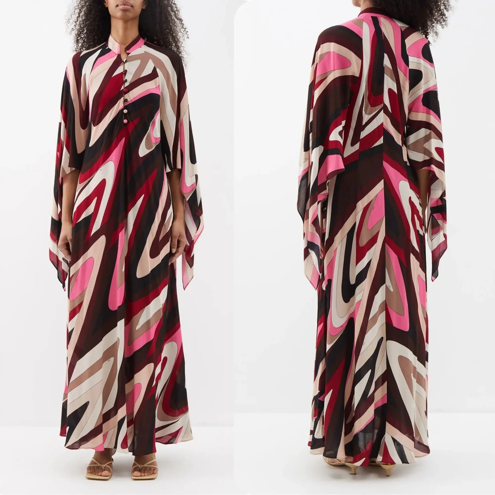 Women Casual Wear New Moire Printed Long Flair Sleeves Style Premium French Moss Kaftan Dress