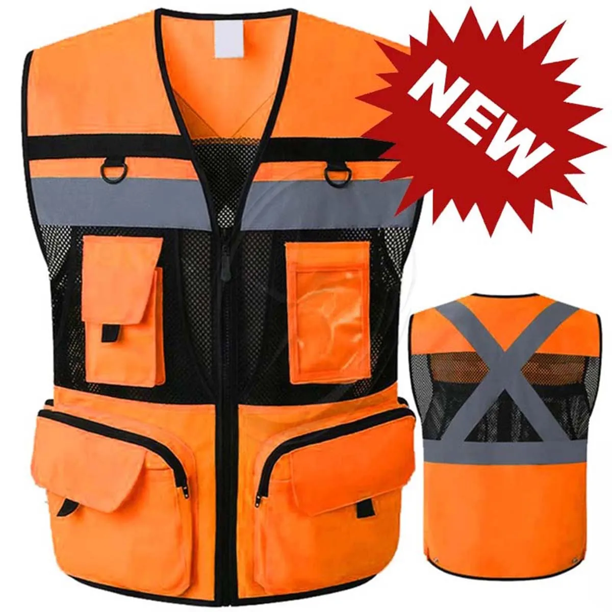 9 Pockets Fluorescent Orange Reflective hi vis,winter,workwear Safety Vest Mesh Fabric Zippers Large Pockets Summer Vest