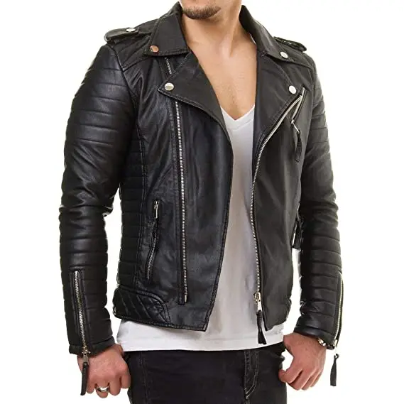 OEM high quality hot sale casual outdoor slim fit stylish pu biker black custom motorcycle leather jacket for men