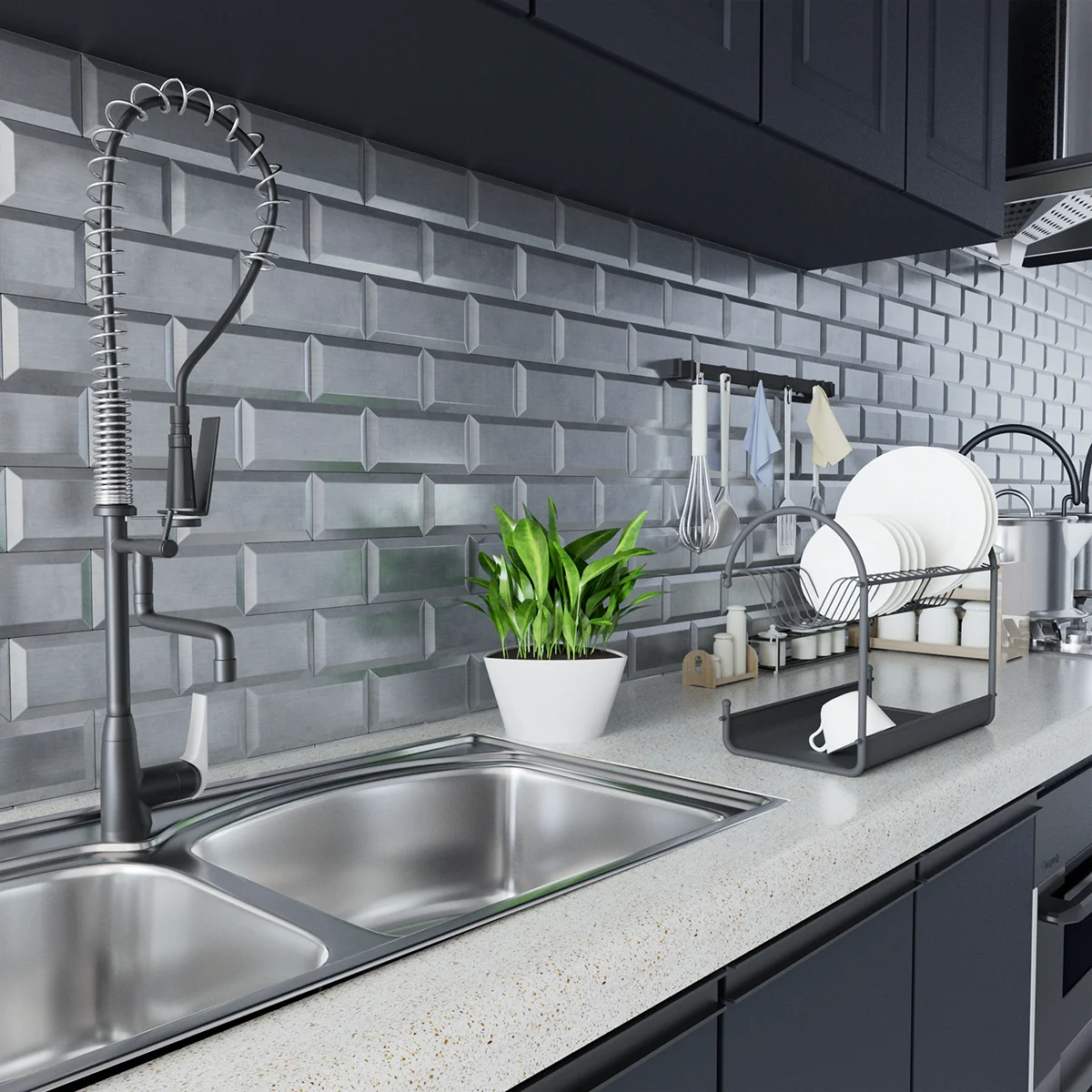 Stainless Steel Backsplash Peel and Stick Art 3D Metal Subway Silver Tile Brick Mosaic Kitchen Bathroom Stove Wall Panel Tiles