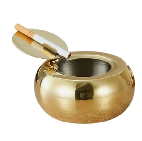 New Design Gold Finished Rounded Stainless Steel Ash Tray Car Custom Smokeless Easy to Clean Pocket Ashtray with Lid