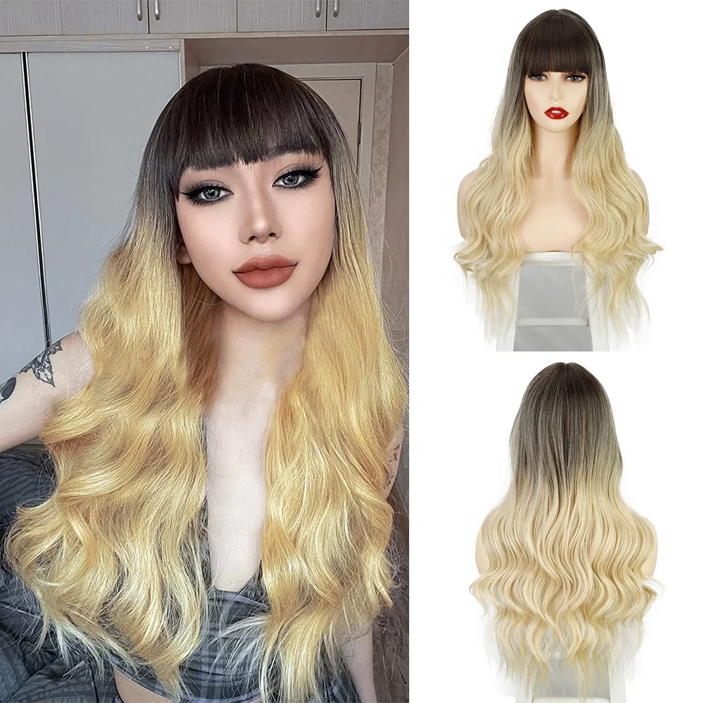 Vigorous Long Hair Ombre Wavy Blonde Mix Brown Middle Part Glueless Cosplay Heat Resistant Synthetic Wig Bangs For Black Women