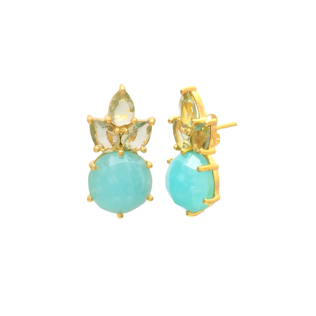 NEW ARRIVAL AQAU CHALCEDONY AND GREEN AMETHYST HYDRO GEMSTONE BRASS EARRING 12/7*5 MM ROUND AND PEAR SHAPE  GEMS BRASS EARRING