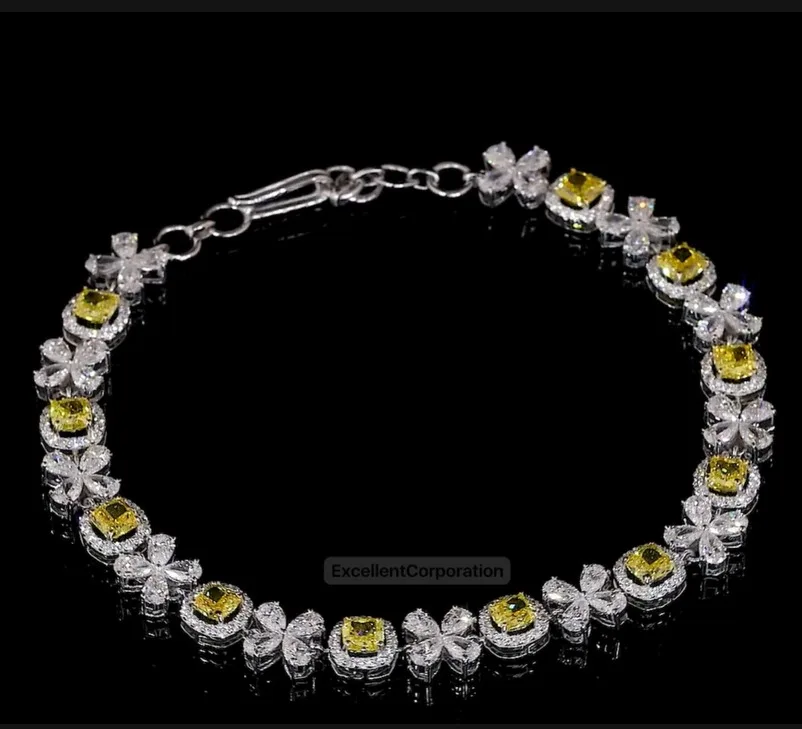 Lab Diamond 7 Inches Tennis Bracelet 4x4mm Cushion Fancy Vivid Yellow CVD VVS VS 14k White Gold for Women Fine Jewelry Bracelet