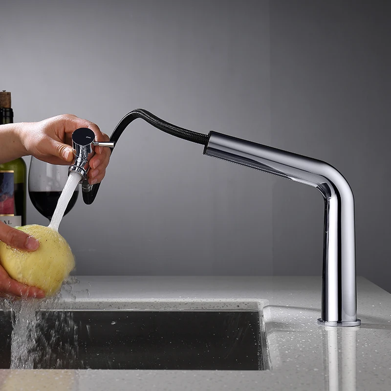 Sanitary Ware Basin Mixers Smart Handle Chromed Bathroom Faucet With Pull Out Sprayer