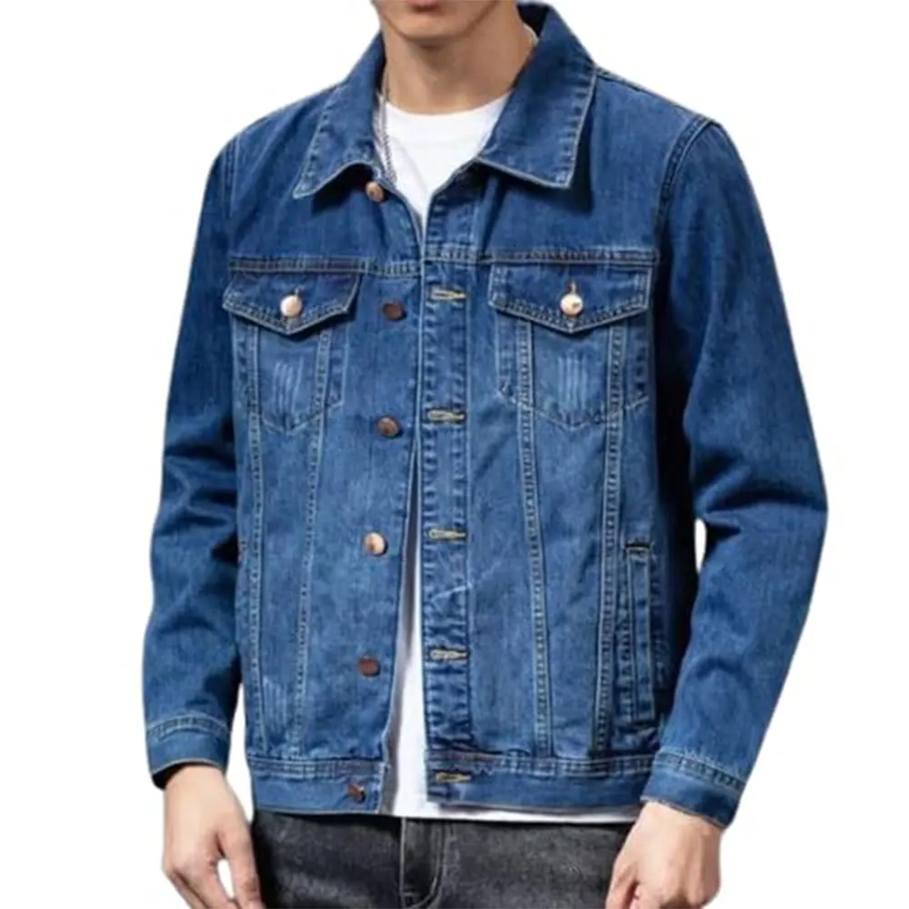 Men Denim Jacket Long Sleeves Multi Pockets Lapel Solid Color Loose Korean Style Men Denim Jacket Spring Fall Coat