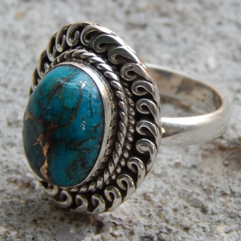 Handmade Designer 925 Solid Sterling Silver Ring Oval Cut Blue Copper Turquoise Gemstone Ring For Woman