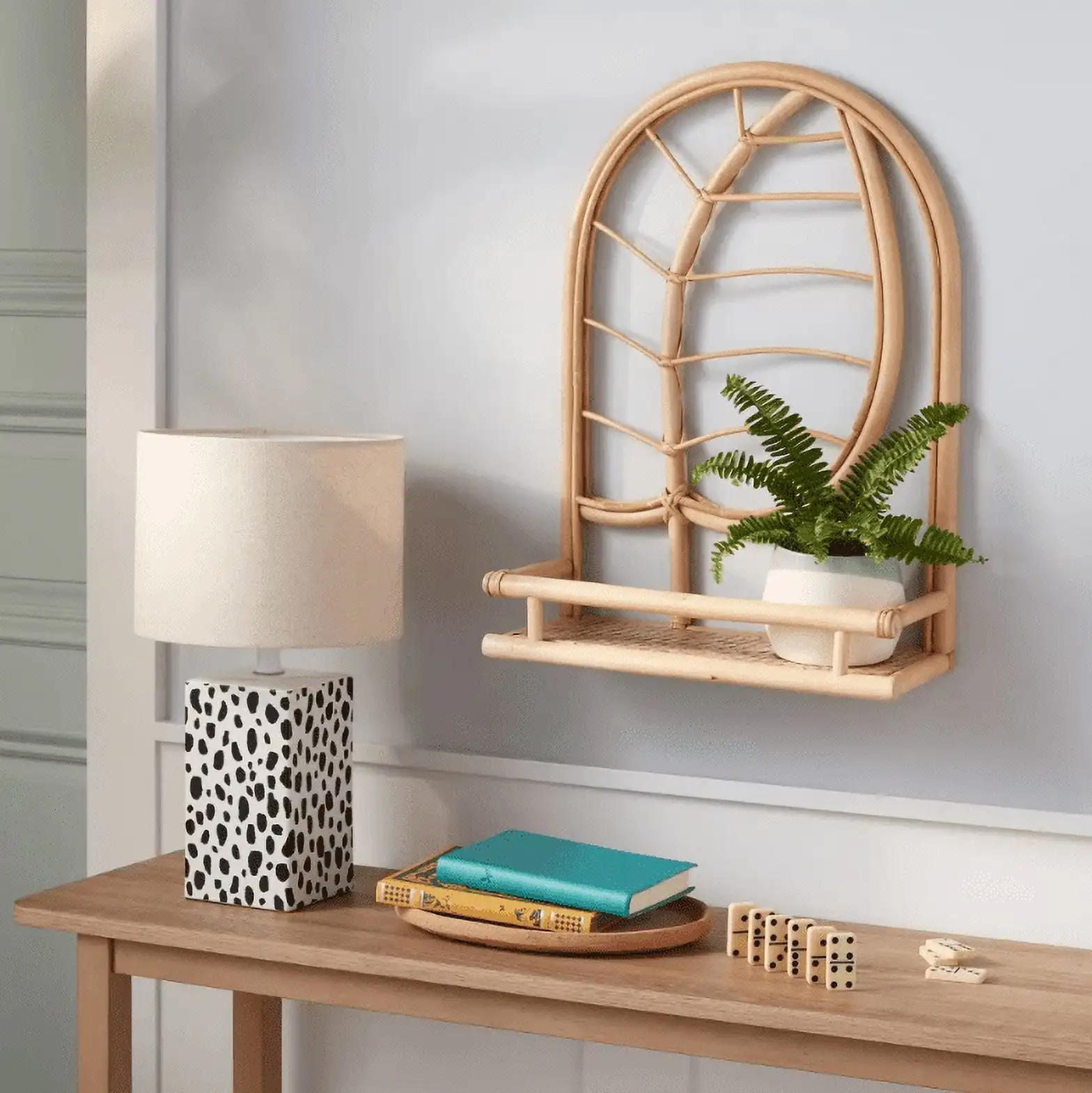 Wholesale price natural rattan decorative wall shelves rattan craft shelves for luxury home wall decorations