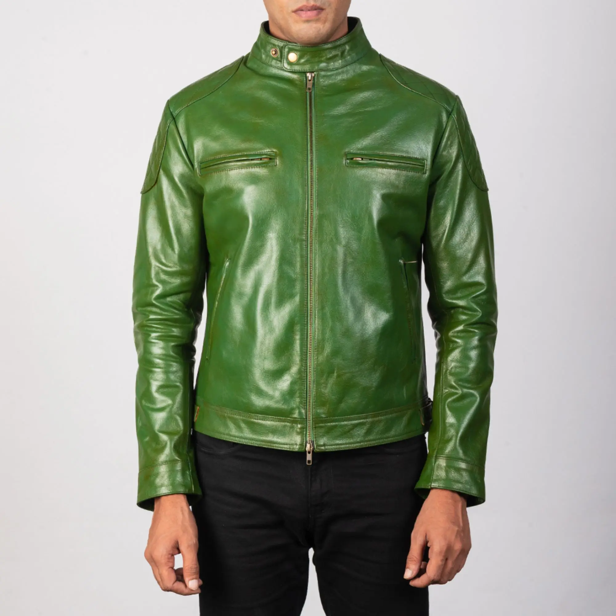 Real Leather Sheepskin Aniline Zipper Gatsby Green  Men Biker Jacket with Quilted Viscose Lining and Inside Outside Pockets