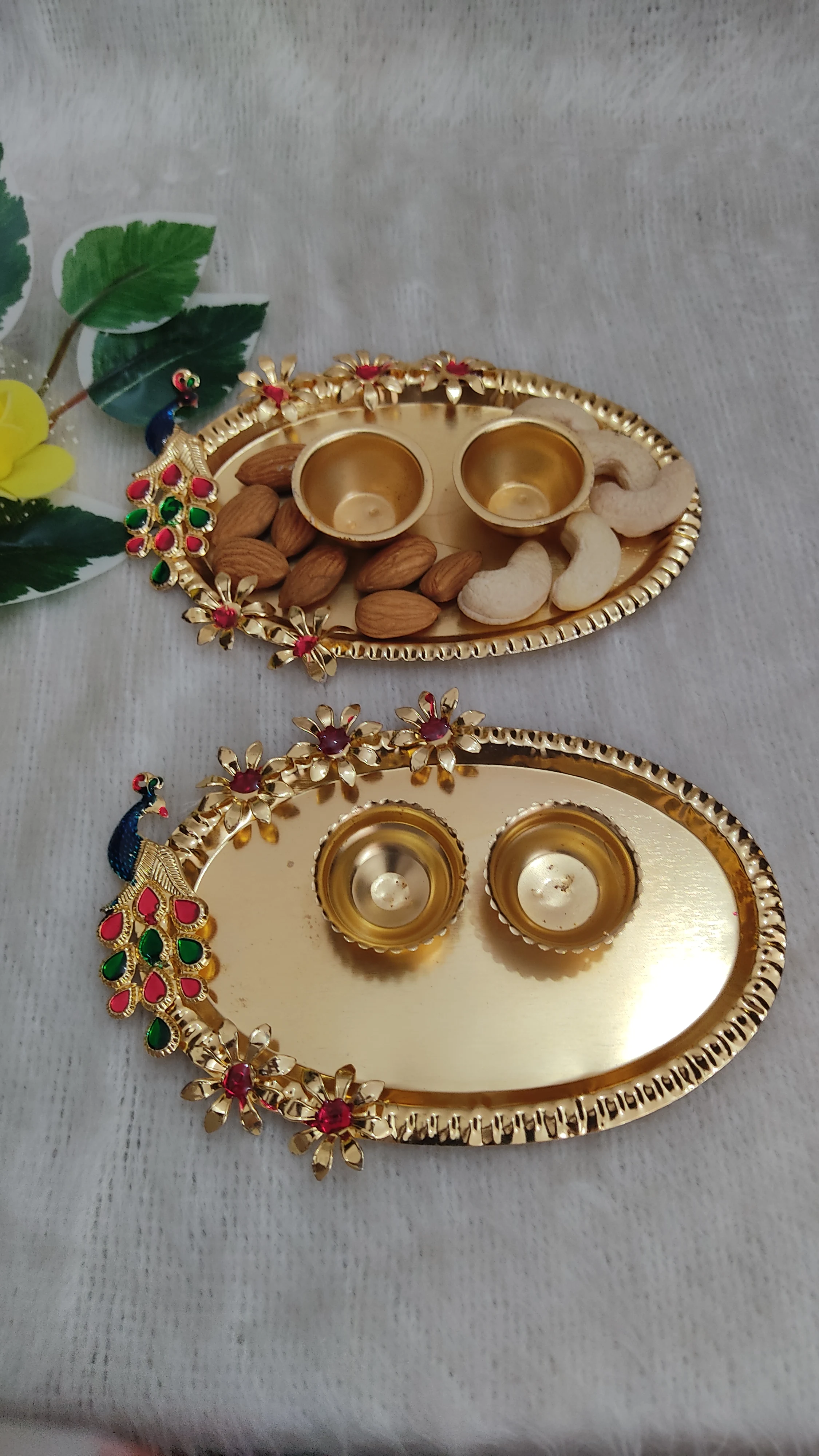 Indian Small Plate Of Kumkum Chabal For Puja, Handcrafted Puja Thali Religious Wedding Favors.