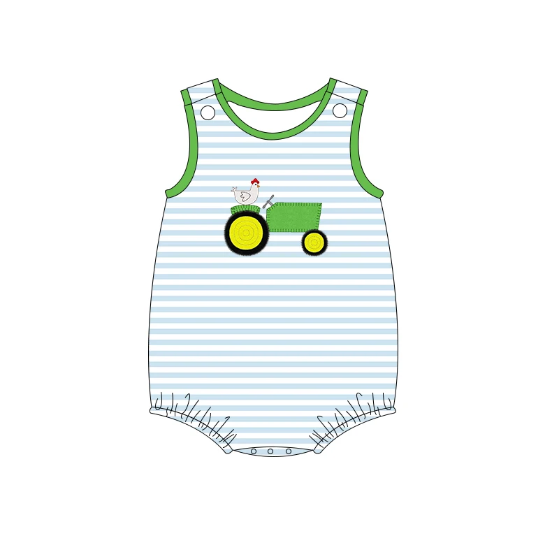Custom new design tractor farm set boy and girl applique stripe print set boutique embroidery baby sleeveless romper