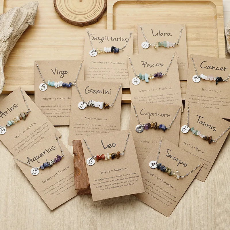 New Stainless Steel Original Stone Pendant 12 Constellations Gravel Combination Zodiac Necklace With Paper Card