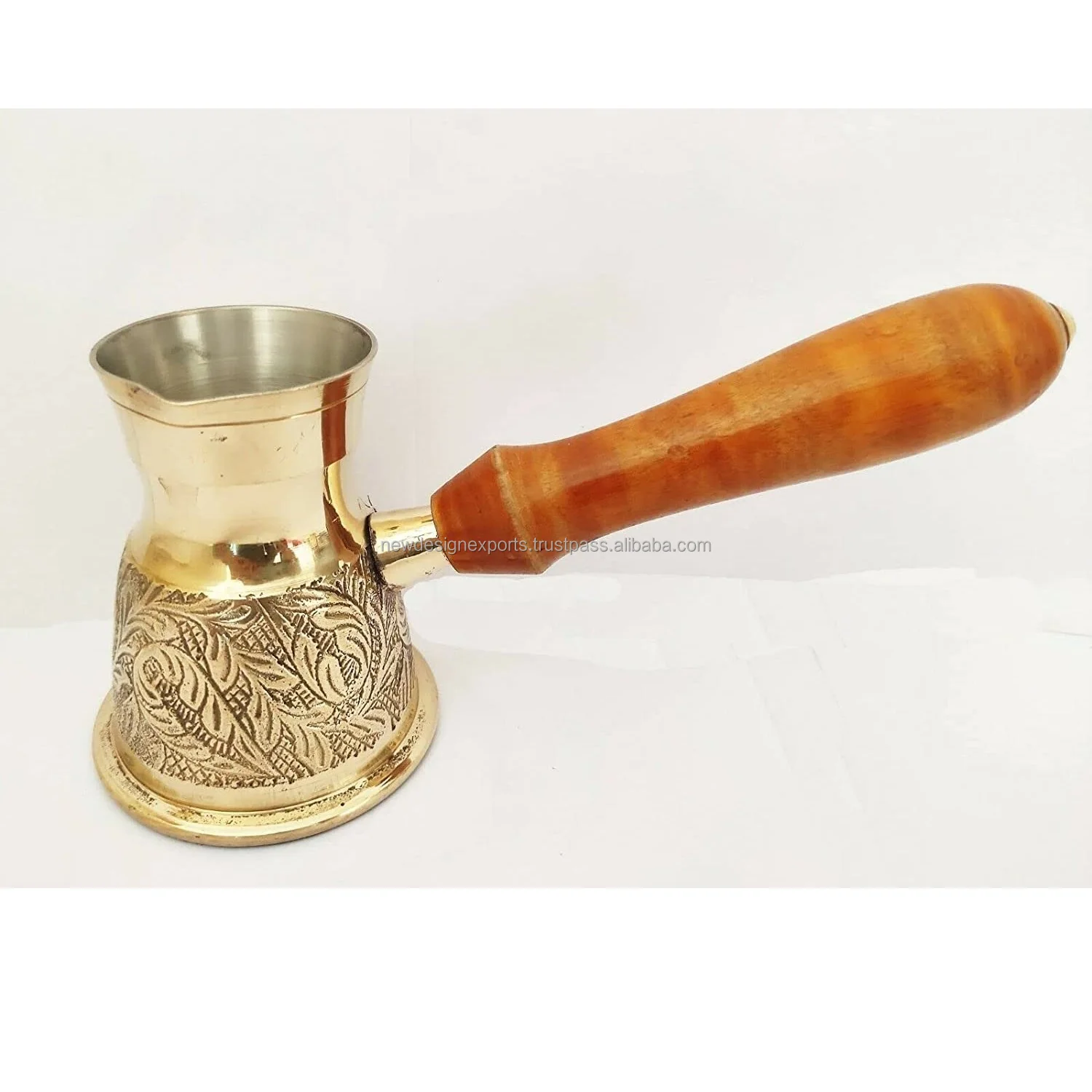 Golden Turkish Greek Arabic Coffee Pot Brass Metal Coffee Maker with Wooden Handle ( Medium - 10 Oz) Leaf Branch Engraved
