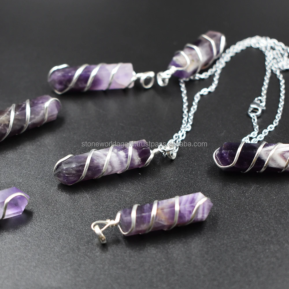 Latest Amethyst Pencil Point Pendant Necklace, Spiral Wire Wrapped Amethyst Quartz Pendant Necklace / Stone World Agate