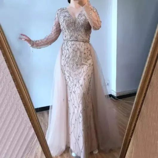 Light Purple Long Sleeves Luxury Evening Dresses 2021 Dubai V Neck Diamond Mermaid Beading Formal Dress