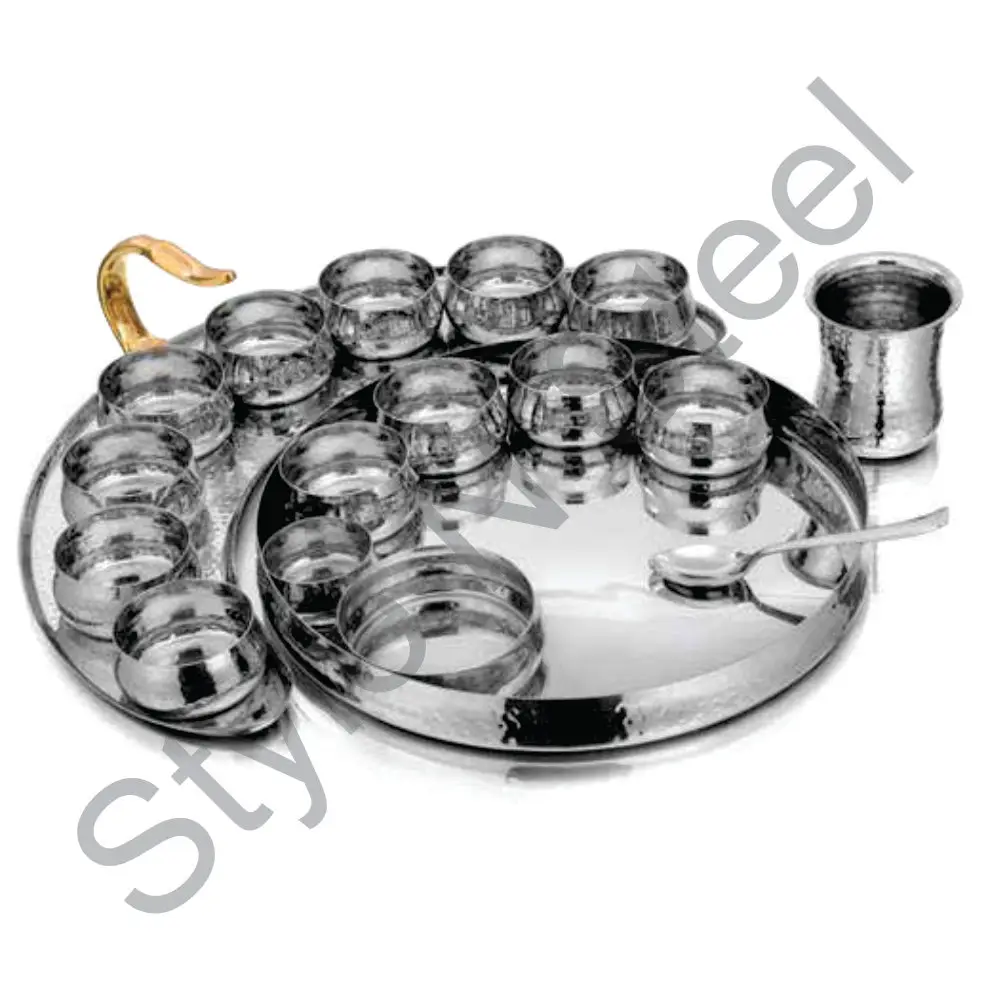 Majestic thali set with big size 18 pcs set Single wall hammered with silver color mirror Wholesale thali set