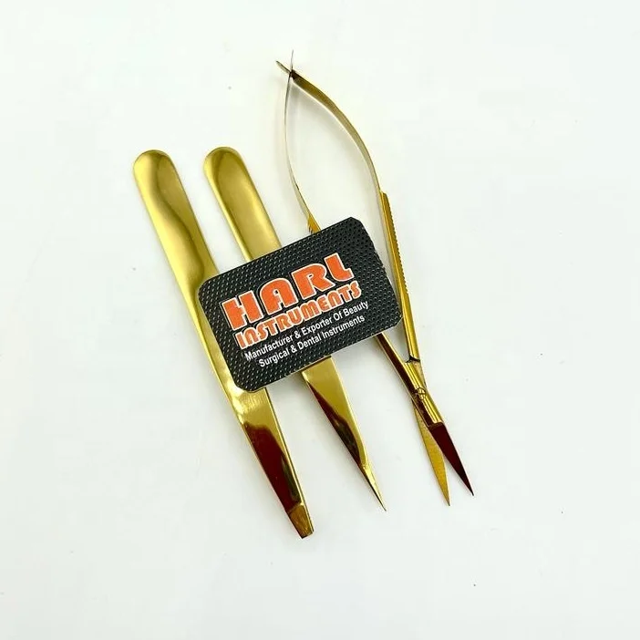 Gold Plasma slanted Eye Brow Tweezers and spring scissor Custom Label pointed eyebrow tweezers and eyelash scissor makeup tools