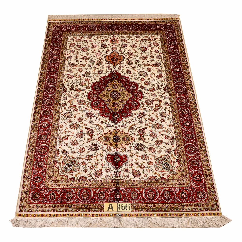 Yuxiang 4.5x6.5ft Top Handcraft Pakistan Rug Beige Hand Knotted Area Rug Pure Silk Persian Carpet