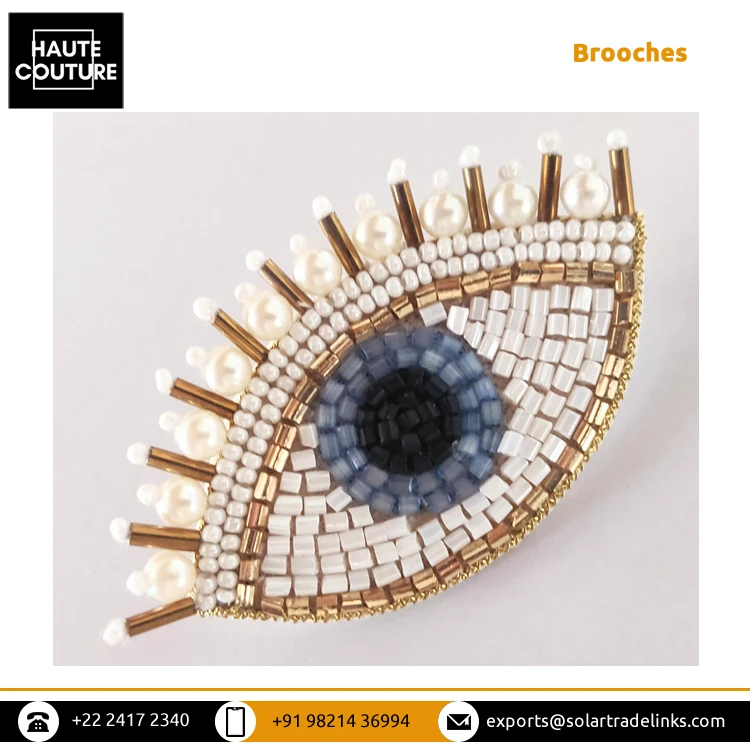 Best Handmade Jewelry Supplier of 7cm Wide Designer Eye Design Patch White Color Hand Embroidered Beaded Brooches for Sale