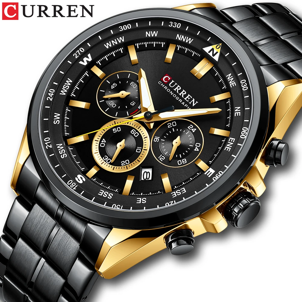CURREN 8399 Men Quartz Wristwatches Luxury Brand Sporty Chronograph Watches with Stainless Steel Luminous Hands Male Clock Black