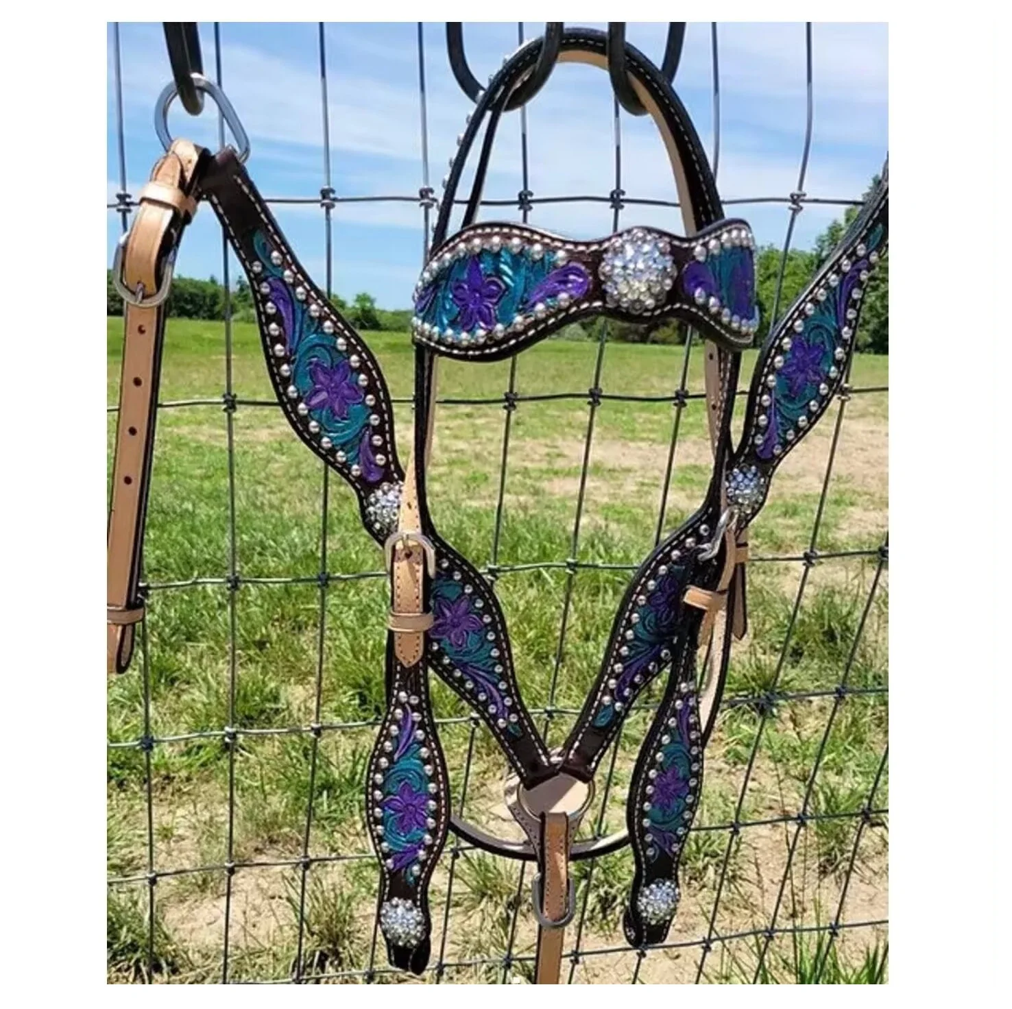 Best Selling Handmade Western Teal & Purple Tooled Bridle Trail Barrels Set Breast Collar Horse At Wholesale Price