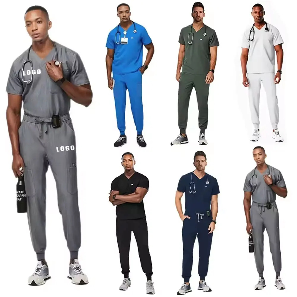 High quality moss green Bonsai navy royal blue black white stretch male men unisex jogger uniforms hospital nurse scrubs sets