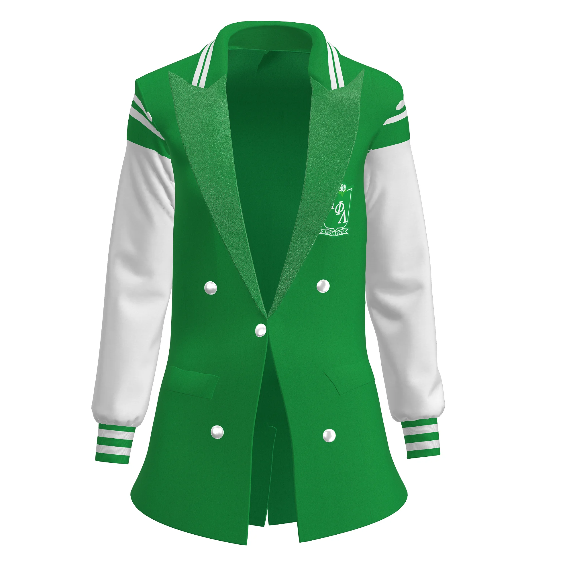 Iota Phi Lambda Leather Blazer with Single Button Closure Long Knitted Fabric Embroidery and Button Decoration