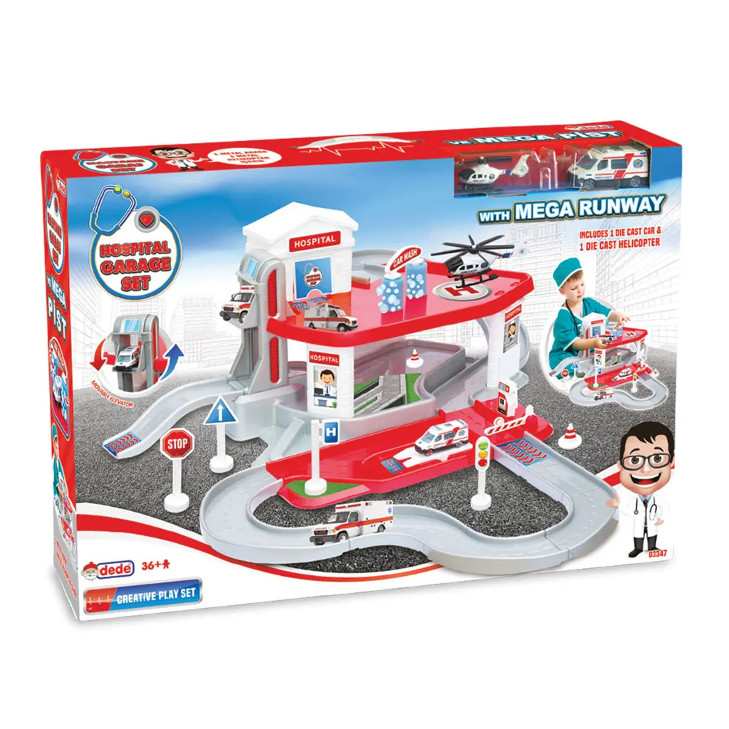 2 Level Hospital Garage Set and Mega Pist Include 1 Metal Helicopter 1 Metal Car Toy for Kids Fun Parking Garage Slot Wholesale