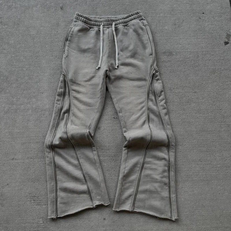 Custom Made 2025 Sun Fade Flared Sweat Pants Men Zip up Blank Heavy Cut and Sew Baggy Acid Washed Sweatpants for Men