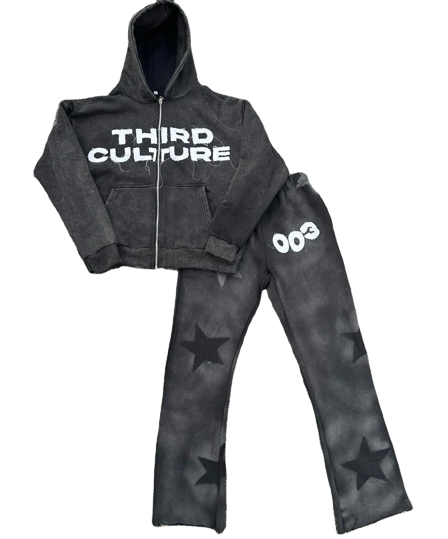 Custom Streetwear Flare Jogger Sets Custom Tracksuit Sweatpants Patch Work Vintage Wash Washed Zip Up Hoodie Set Unisex