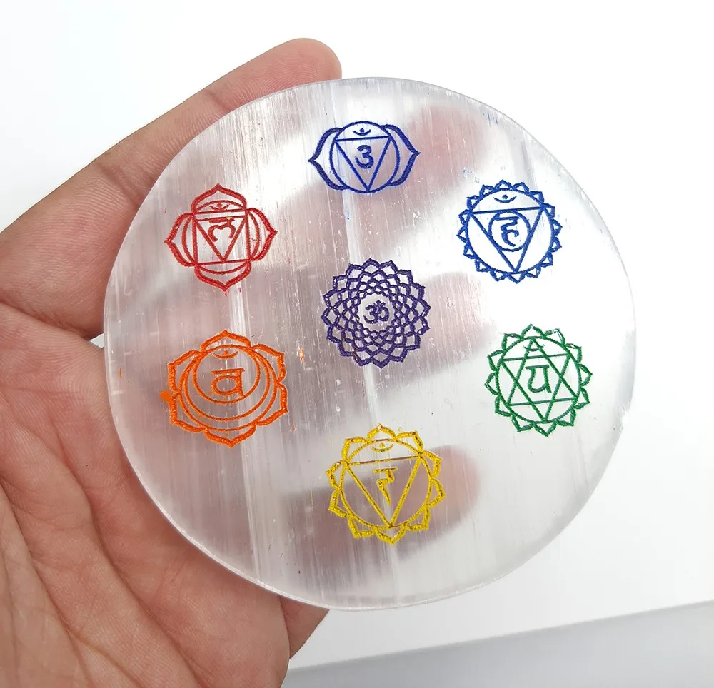 New Design Selenite Charging Plate with moon symbol/Engraved Selenite Slab Charging Chakra:selenite buy from taiba agate