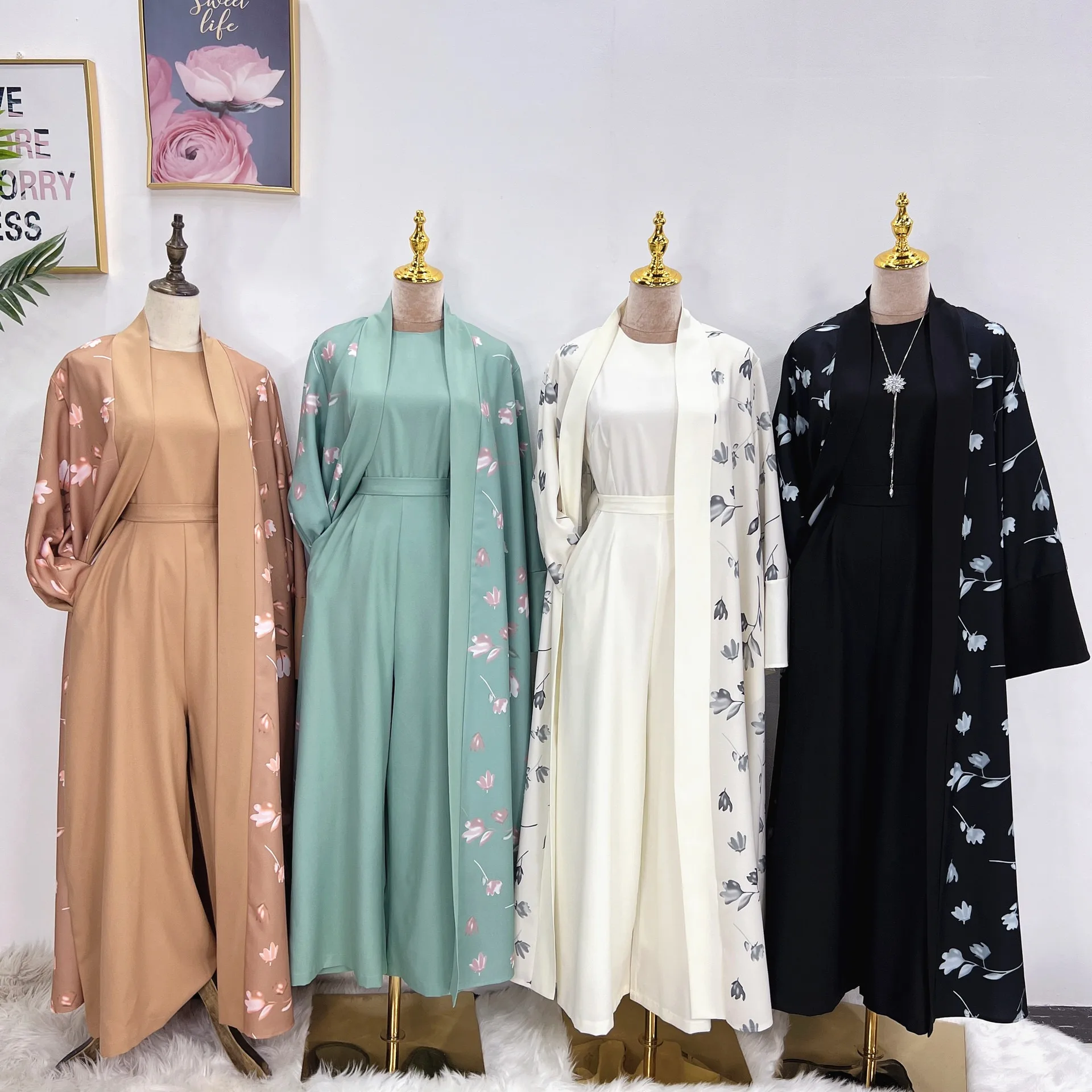High Quality New Abaya Designs Turkey Flower Printing Women Abaya Muslim Women Open Abaya Modest Dresses