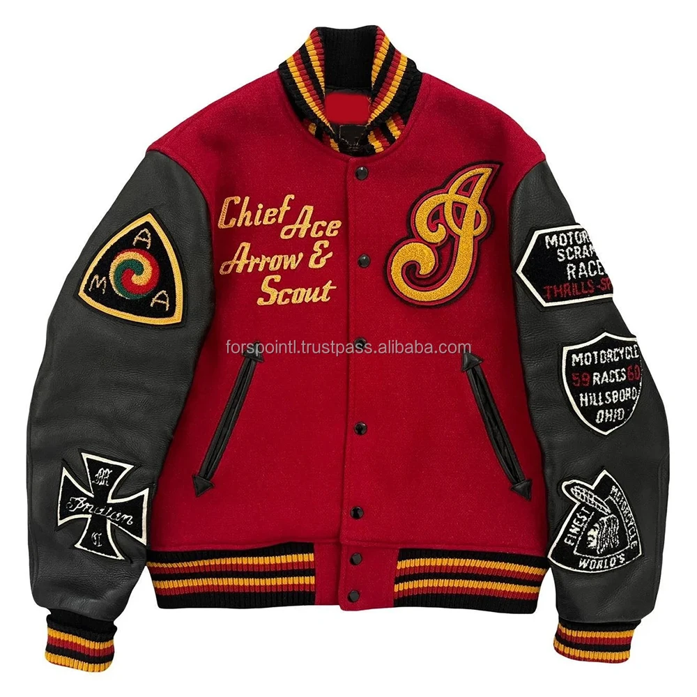 Wool Chenille Embroidery Custom Logo Baseball Letterman Jackets Men Vintage Blank Orange Leather Sleeve Varsity Jacket