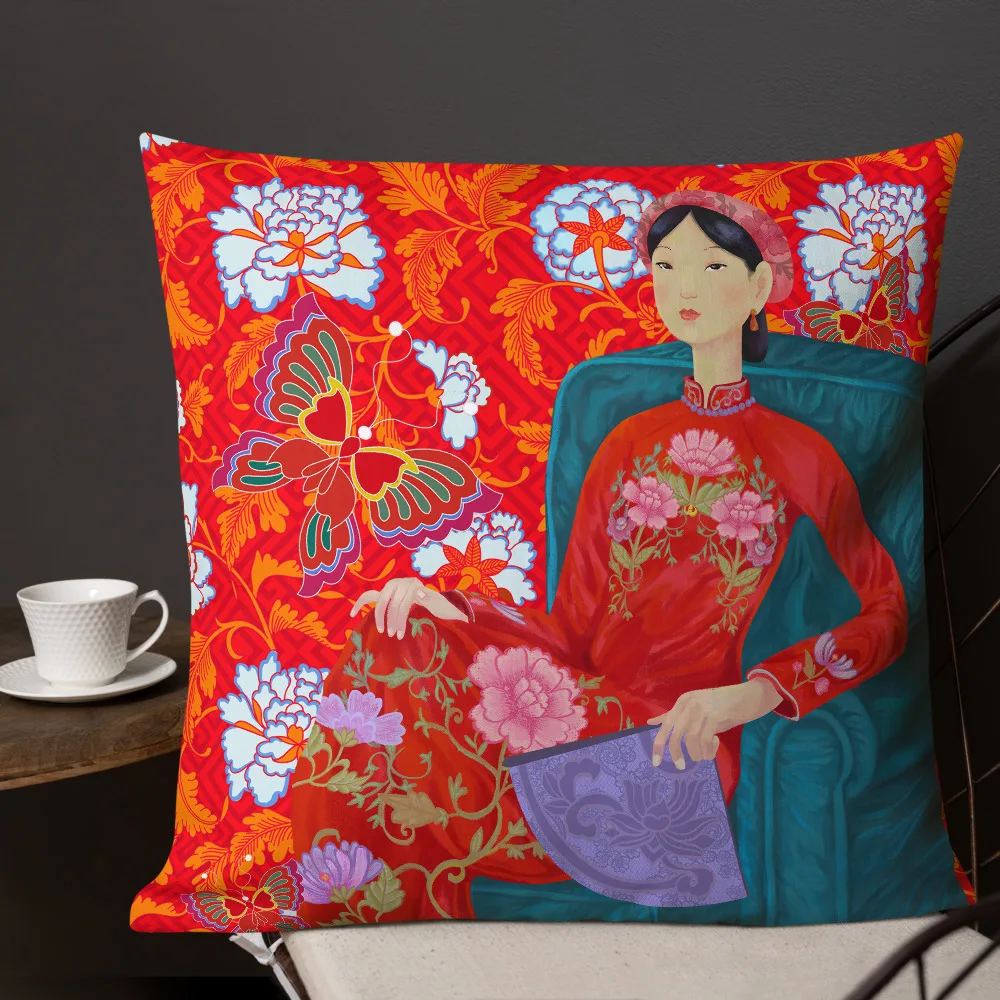 Unique 45x45cm Polyester Pillow Cover with Custom Red Ao Dai Asian Woman Design by Halinhthu Casa Design And Size 100% Polyester