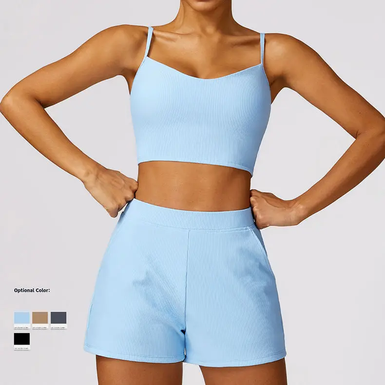 Women 2 Piece Gym Workout Suit High Back Sports Bra Tanktop Pockets 2Pcs Shorts Pants Ladies Ribbed Seamless Fitness Yoga Sets