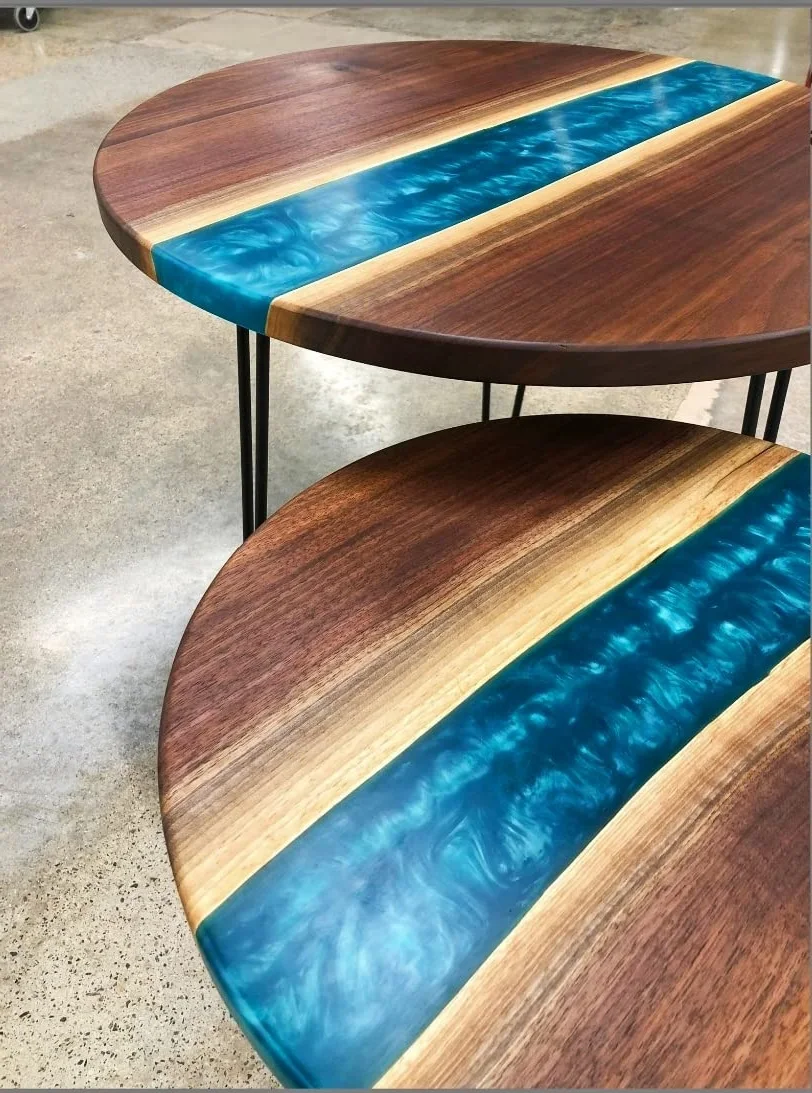 Solid Wood Epoxy Resin Nesting Table 24 inches and 16 inches Metallic Blue (Set Of 2