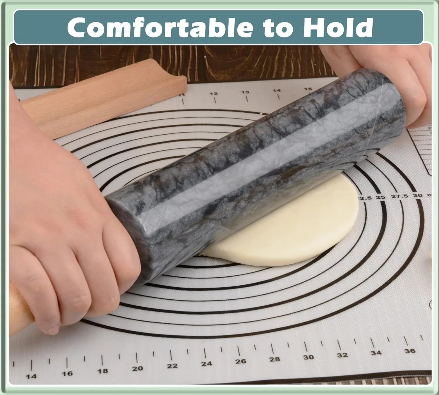 black Marble Rolling Pin with Wooden Cradle Thick Handle Set for Baking,18.5 inch Premium Quality Polished Roller for Pizza Dou