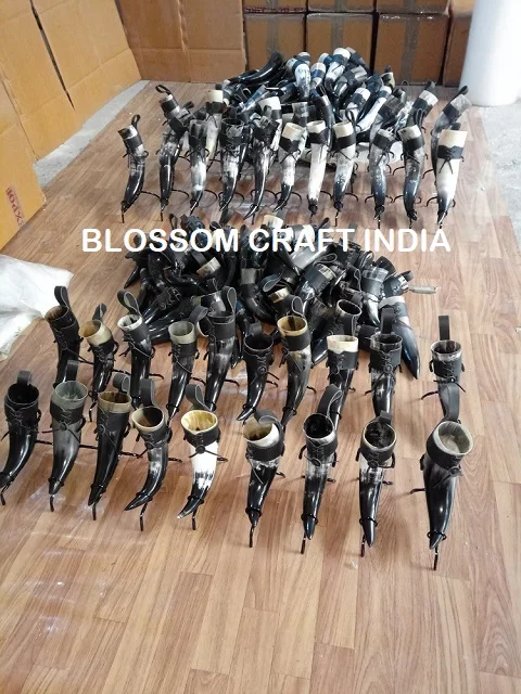 Best Quality Buffalo/Ox Drinking Horn with Leather Holder and Iron Stand  100% food safe for Drinking by BLOSSOM CRAFT INDIA