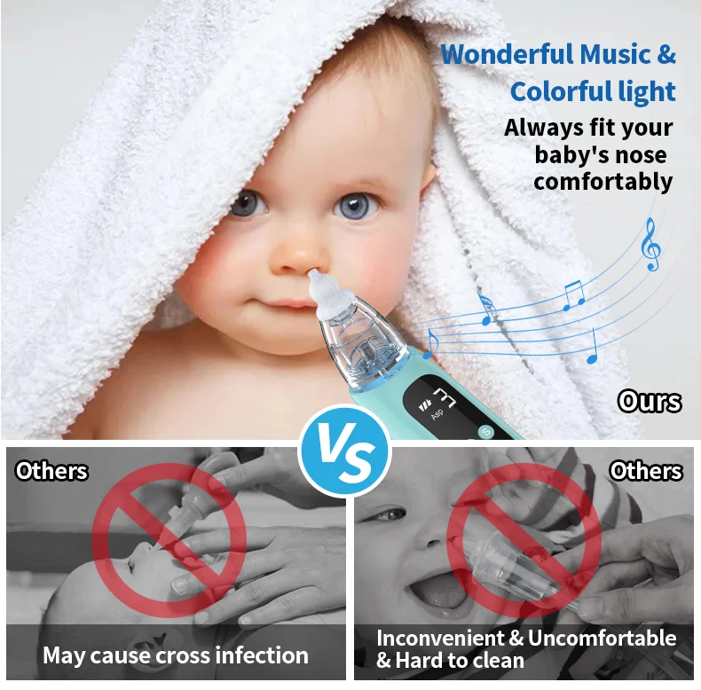 New Design Silicone Nose Cleaning Vacuum Nasal Cleaner Suction USB Rechargeable Baby Nasal Aspirator with Music and Light