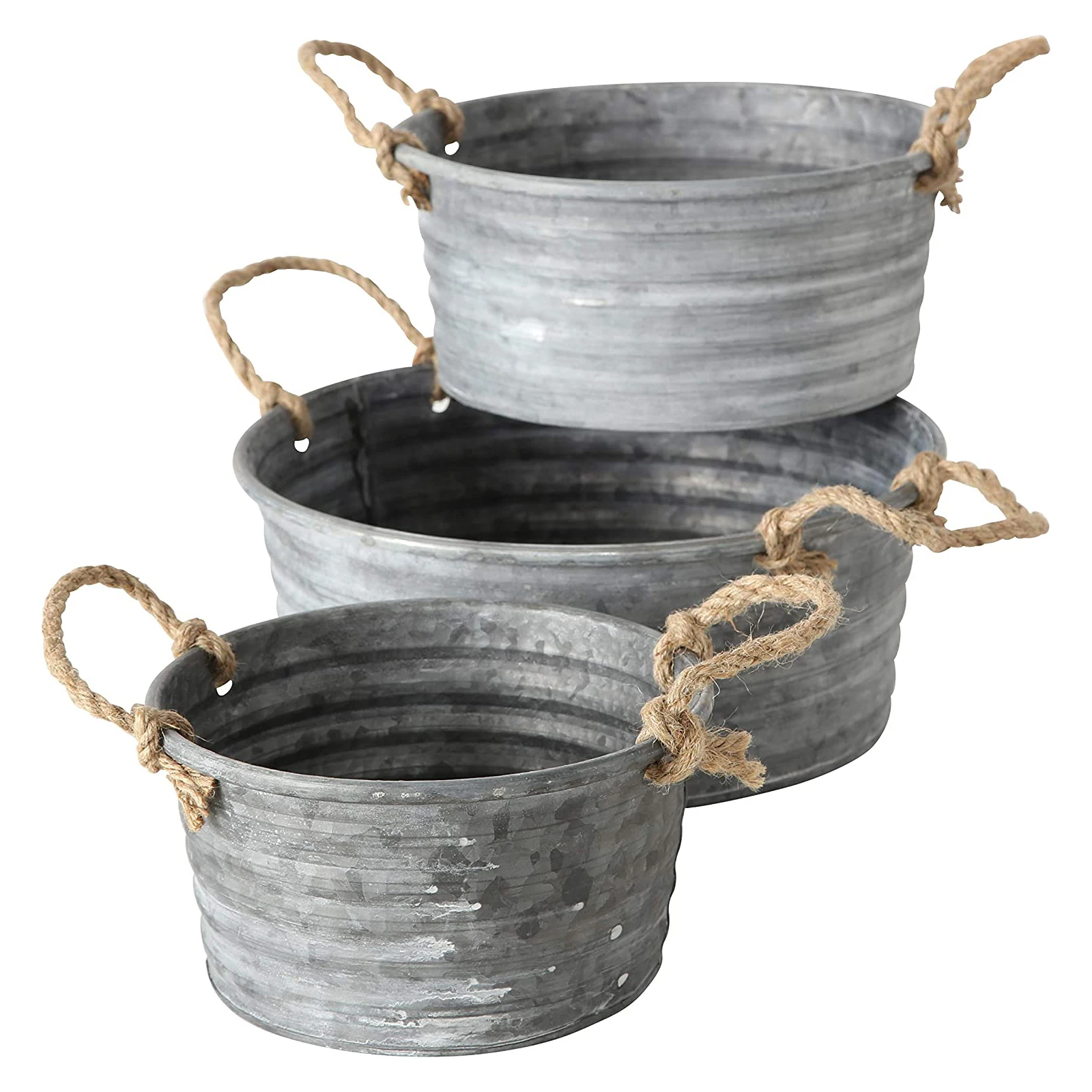 Set of 4 galvanized buckets and garden planters with rope handles Customized modern garden accessories