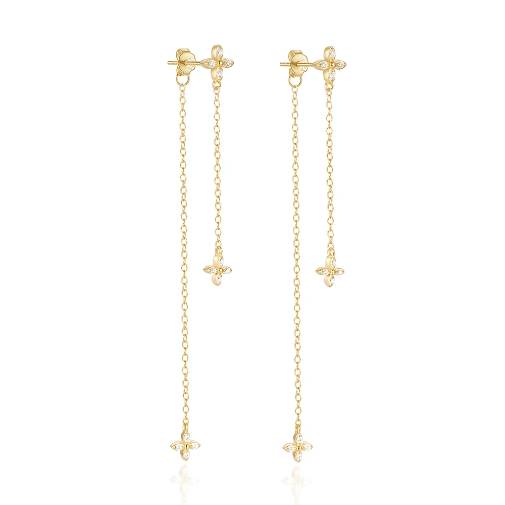 New Trendy Fine Jewelry Flower Diamond Chain Tassel Earring Gold Plated 925 Sterling Silver Earrings Long Drop