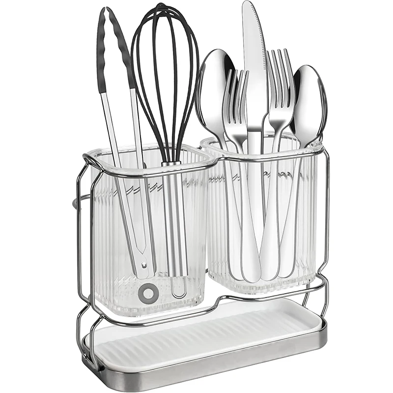 Kitchen Cutlery Holder Spoon Fork Chopstick Holders Plastic Utensil Holder With Drain Tray For Countertop
